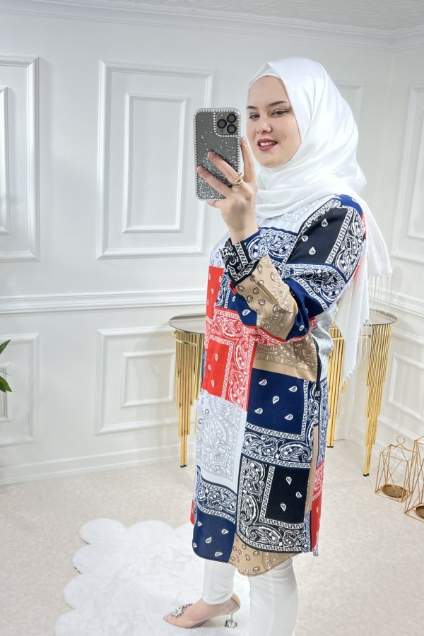 Sinem Viskon Gömlek Lacivert Kırmızı Şal Desen Sinem Viskon Gömlek Lacivert Kırmızı Şal Desen