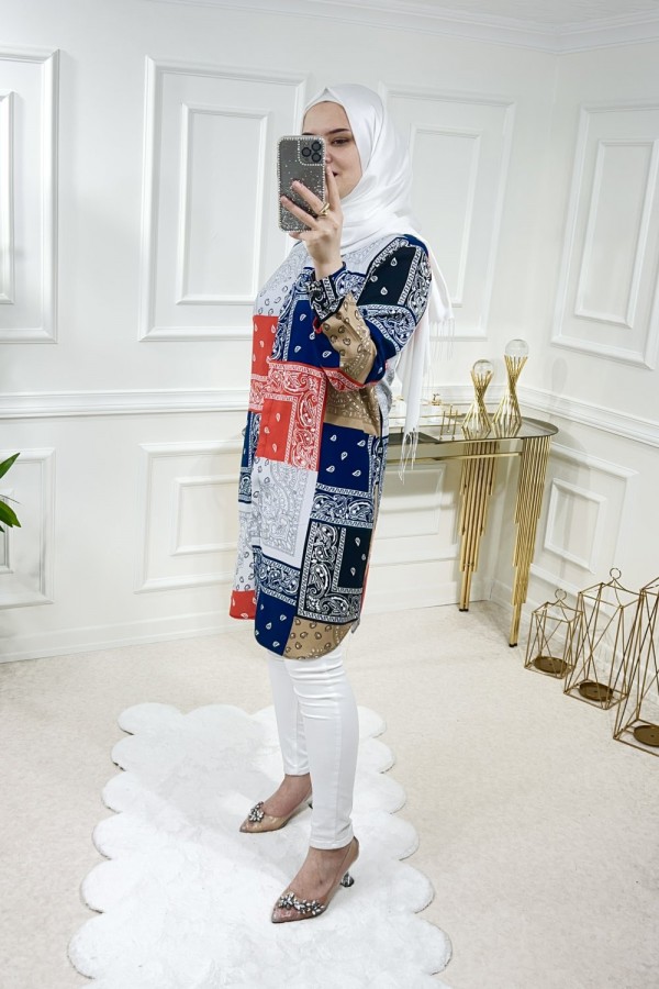 Sinem Viskon Gömlek Lacivert Kırmızı Şal Desen Sinem Viskon Gömlek Lacivert Kırmızı Şal Desen