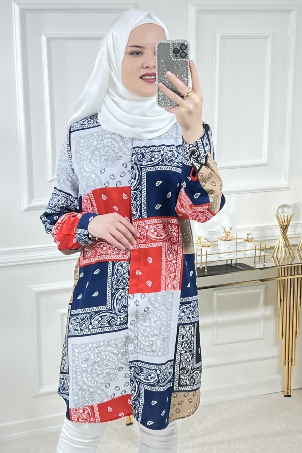 Sinem Viskon Gömlek Lacivert Kırmızı Şal Desen Sinem Viskon Gömlek Lacivert Kırmızı Şal Desen