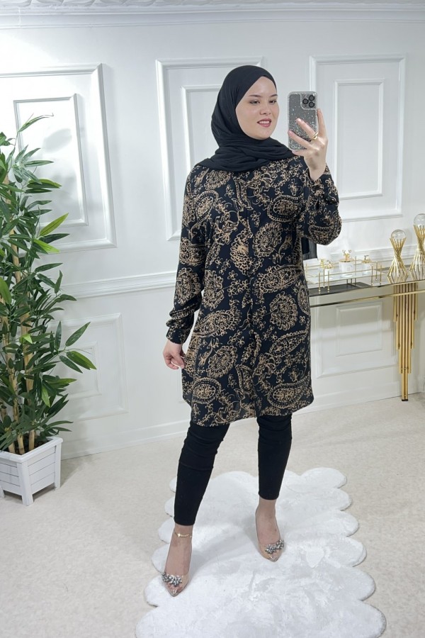 Sinem Viskon Gömlek Siyah Gold Şal Desen Sinem Viskon Gömlek Siyah Gold Şal Desen