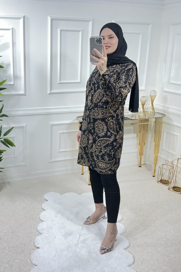 Sinem Viskon Gömlek Siyah Gold Şal Desen Sinem Viskon Gömlek Siyah Gold Şal Desen