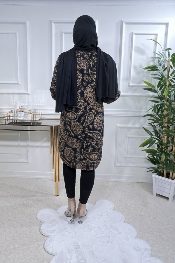 Sinem Viskon Gömlek Siyah Gold Şal Desen Sinem Viskon Gömlek Siyah Gold Şal Desen