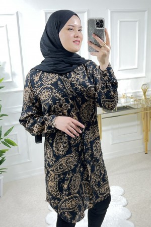 Sinem Viskon Gömlek Siyah Gold Şal Desen Sinem Viskon Gömlek Siyah Gold Şal Desen