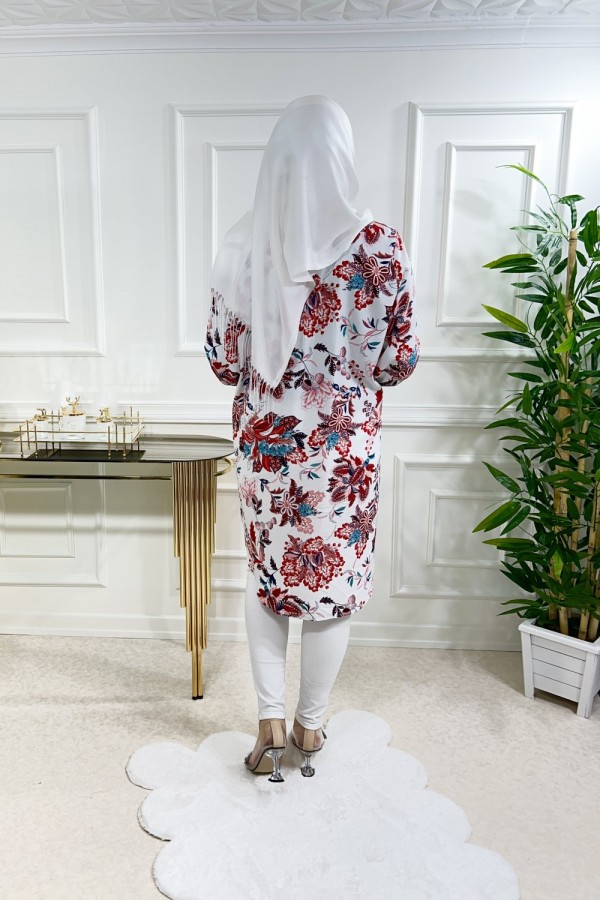 Sinem Viskon Gömlek Beyaz Kırmızı Mavi Çiçek Sinem Viskon Gömlek Beyaz Kırmızı Mavi Çiçek