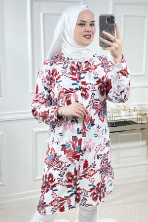 Sinem Viskon Gömlek Beyaz Kırmızı Mavi Çiçek Sinem Viskon Gömlek Beyaz Kırmızı Mavi Çiçek