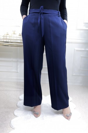 Bol Paça Yan Cepli Dabıl Kumaş Pantolon  Lacivert