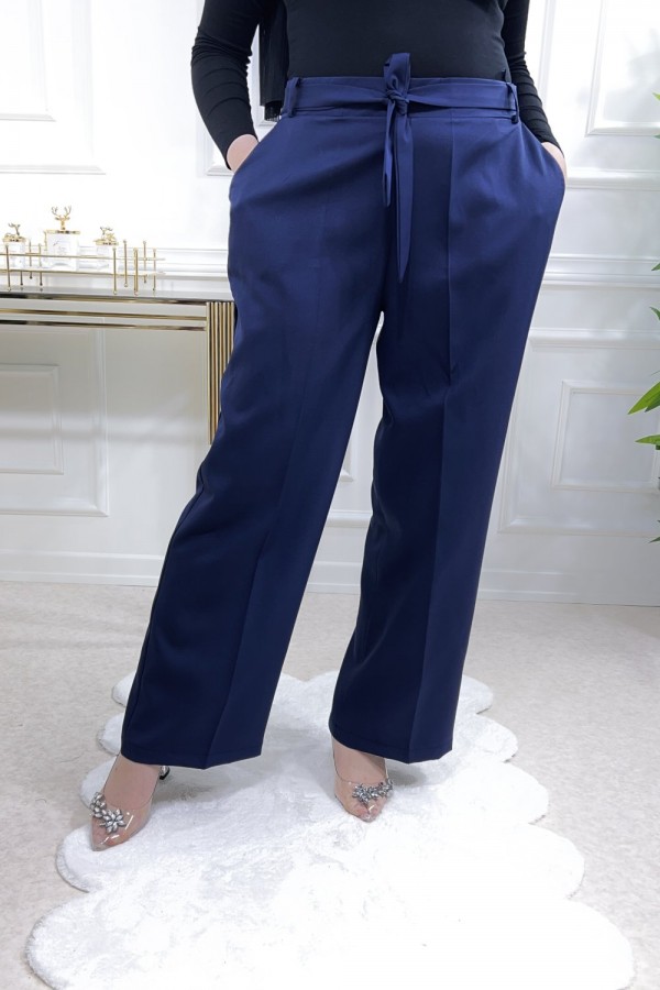 Bol Paça Yan Cepli Dabıl Kumaş Pantolon  Lacivert