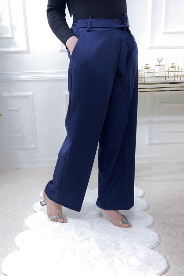 Bol Paça Yan Cepli Dabıl Kumaş Pantolon  Lacivert