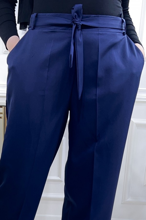 Bol Paça Yan Cepli Dabıl Kumaş Pantolon  Lacivert