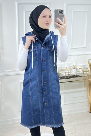 Asel Kapşonlu Kot Yelek  Koyu Mavi