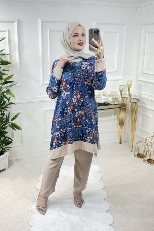 Şevval Viskon İkili Takım  Mavi Çıtır Desen