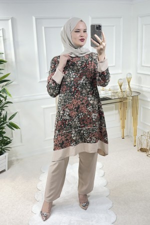 Şevval Viskon İkili Takım  Haki Çıtır Desen