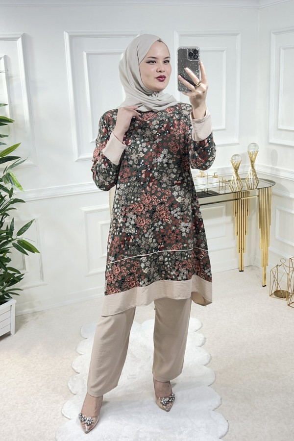 Şevval Viskon İkili Takım  Haki Çıtır Desen