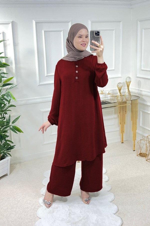 Büyük Beden Ayrobin Düğme Detaylı İkili Takım  Bordo