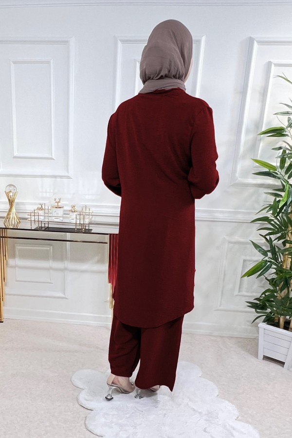 Büyük Beden Ayrobin Düğme Detaylı İkili Takım  Bordo