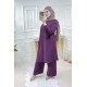 Büyük Beden Ayrobin Düğme Detaylı İkili Takım  Koyu Mor