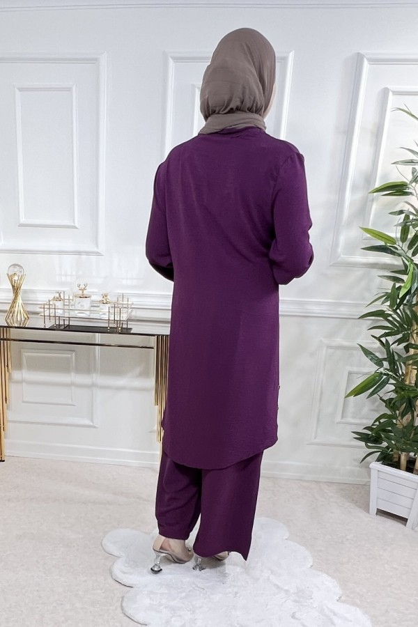 Büyük Beden Ayrobin Düğme Detaylı İkili Takım  Koyu Mor