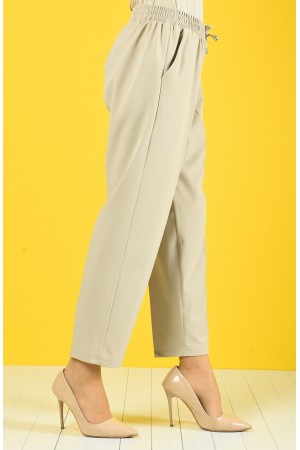 Dar Paça Dabıl Krep Lastikli Bel Pantolon  Taş