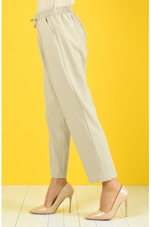 Dar Paça Dabıl Krep Lastikli Bel Pantolon  Taş