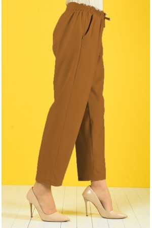 Dar Paça Dabıl Krep Lastikli Bel Pantolon  Taba
