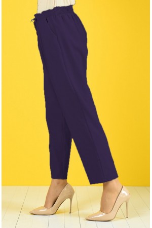 Dar Paça Dabıl Krep Lastikli Bel Pantolon  Koyu Mor