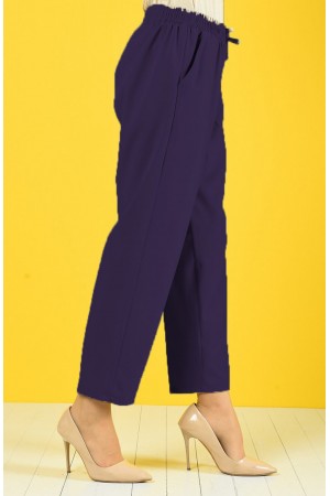 Dar Paça Dabıl Krep Lastikli Bel Pantolon  Koyu Mor