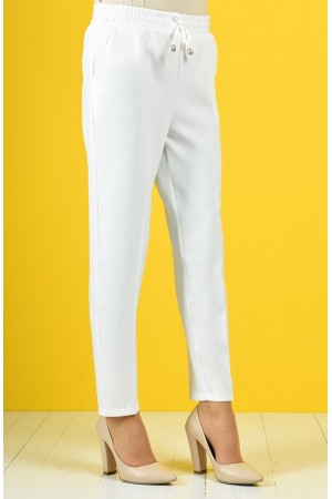 Dar Paça Dabıl Krep Lastikli Bel Pantolon  Ekru