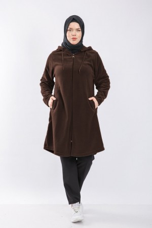 Büyük Beden Kapşonlu Fermuarlı Polar Kap  Kahverengi