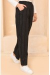Büyük Beden Cepli Kışlık Lastikli Kaşe Pantolon  Siyah Füme Çizgili