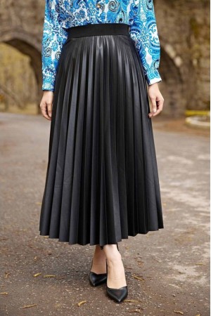 Pr Şevval Deri Görünümlü Piliseli Etek - Siyah