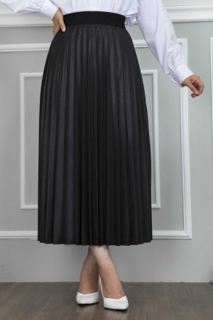 Pr Şevval Deri Görünümlü Piliseli Etek - Siyah