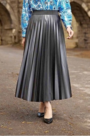 Pr Şevval Deri Görünümlü Piliseli Etek - Antrasit