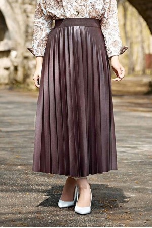 Pr Şevval Deri Görünümlü Piliseli Etek - Kahverengi