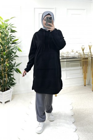 Jade Büyük Beden Kalın Polar Kapüşonlu Tunik - Siyah