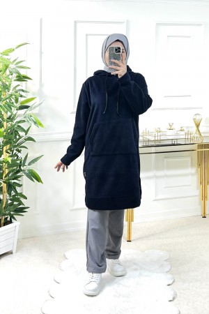 Jade Büyük Beden Kalın Polar Kapüşonlu Tunik - Lacivert