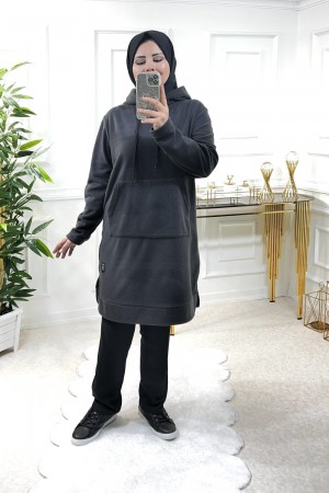 Jade Büyük Beden Kalın Polar Kapüşonlu Tunik - Antrasit