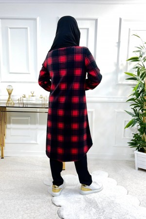 Ayşil Büyük Beden Oversize Kalın Polar Gömlek - Kırmızı Dama