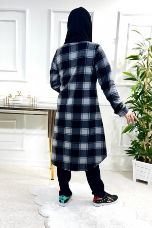 Ayşil Büyük Beden Oversize Kalın Polar Gömlek - Antrasit Dama