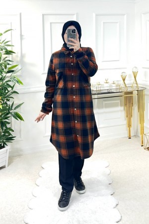 Ayşil Büyük Beden Oversize Kalın Polar Gömlek - Kiremit Dama