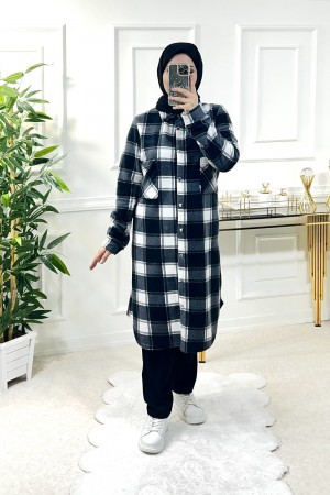 Ayşil Büyük Beden Oversize Kalın Polar Gömlek - Siyah Beyaz Dama