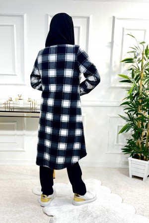 Ayşil Büyük Beden Oversize Kalın Polar Gömlek - Siyah Beyaz Dama