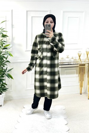 Ayşil Büyük Beden Oversize Kalın Polar Gömlek - Haki Dama