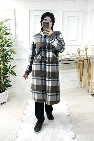 Ayşil Büyük Beden Oversize Kalın Polar Gömlek - Kahve İki Çizgili