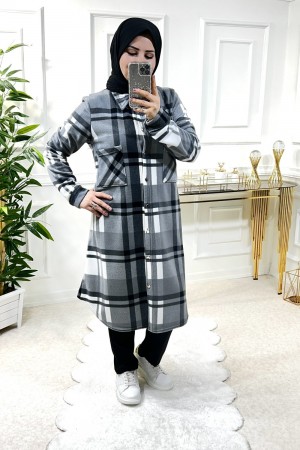 Ayşil Büyük Beden Oversize Kalın Polar Gömlek - Antrasit İki Çizgili