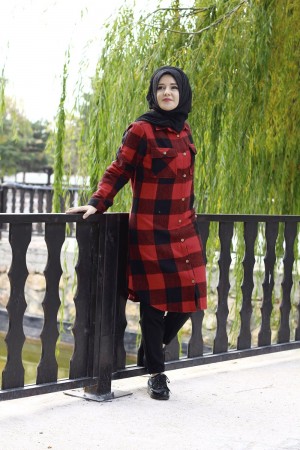 Büyük Beden Senem Kalın Oduncu Gömlek - Kırmızı