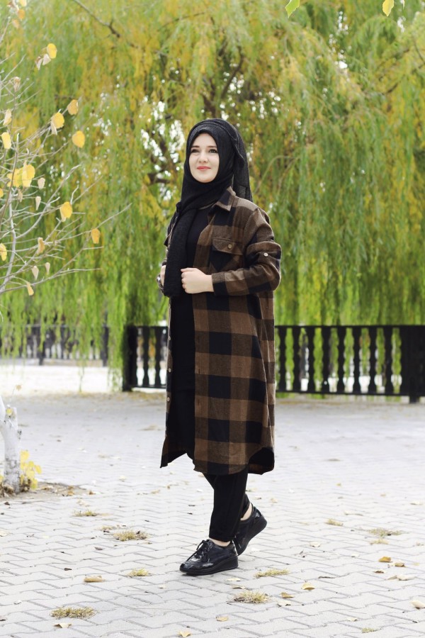 Büyük Beden Senem Kalın Oduncu Gömlek - Kahverengi