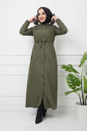 Mayda Büyük Beden Tam Boy İçi Kürklü Kaban - Haki 