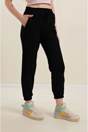 Büyük Beden Erva Üç İplik Paçası Lastikli Eşofman Alt - Siyah