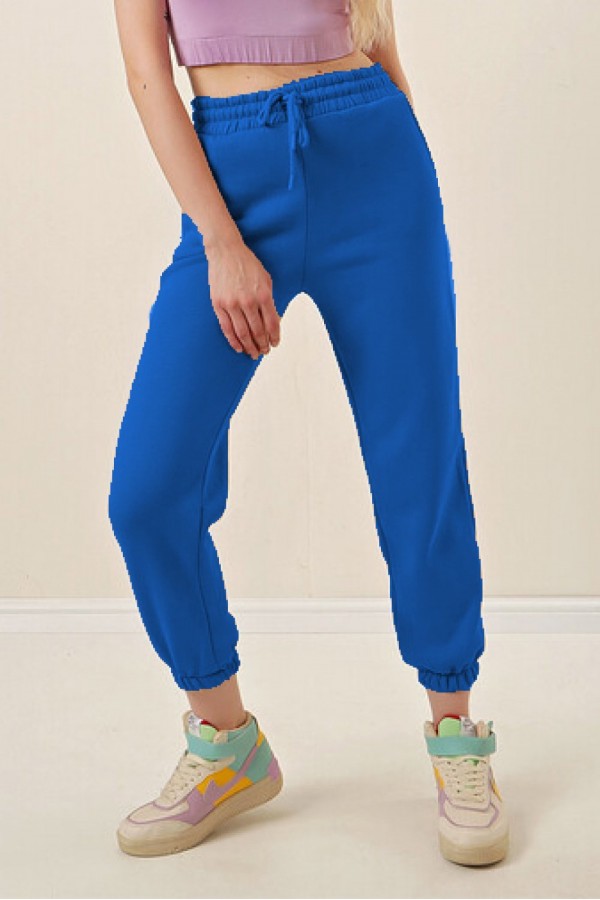 Büyük Beden Erva Üç İplik Paçası Lastikli Eşofman Alt - Saks Büyük Beden Erva Üç İplik Paçası Lastikli Eşofman Alt - Saks