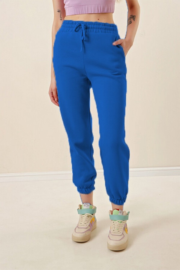 Büyük Beden Erva Üç İplik Paçası Lastikli Eşofman Alt - Saks Büyük Beden Erva Üç İplik Paçası Lastikli Eşofman Alt - Saks